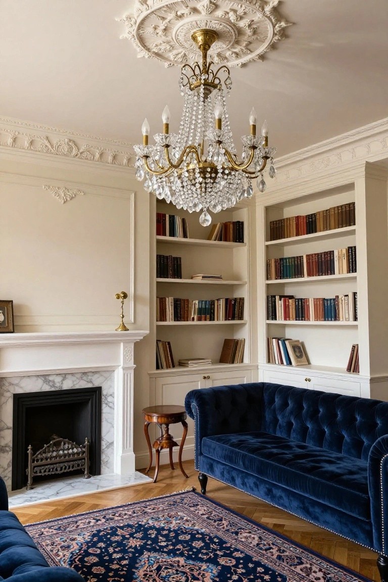 A traditional living room with white built-in bookshelves filled with books, a marble fireplace, navy velvet tufted sofa, Persian rug on parquet floor, and a gold crystal chandelier hanging from ornate ceiling plasterwork.