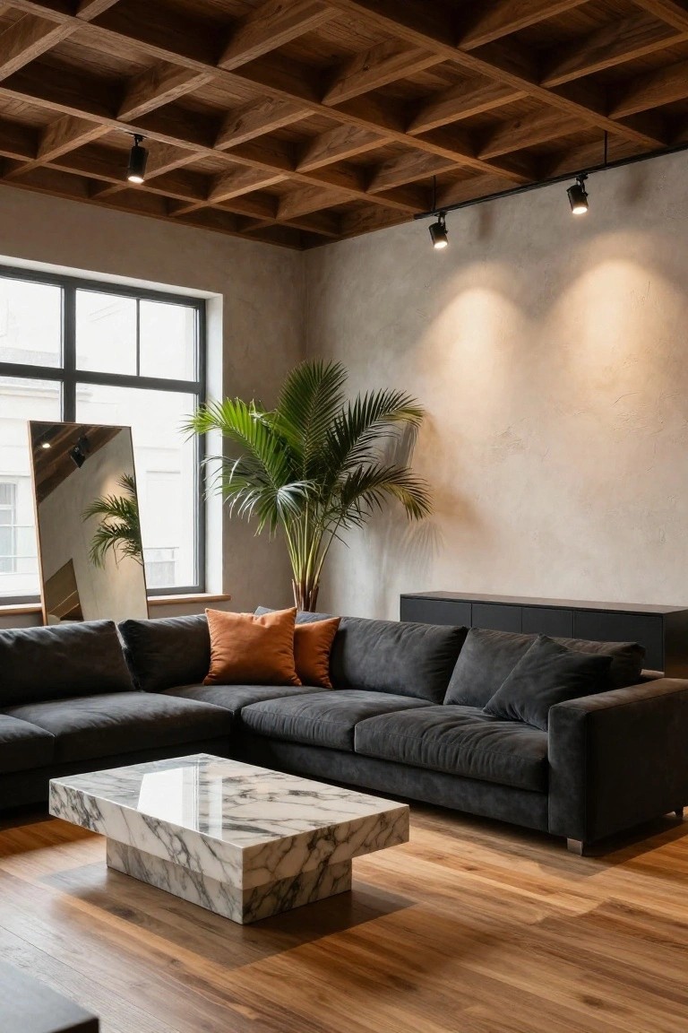 Modern living room with coffered wooden beam ceiling and hanging spotlights, black L-shaped sofa, white marble coffee table, tall palm plant, full-length mirror, and large windows.