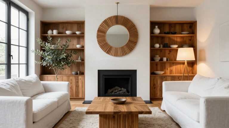 A modern living room with white walls, wooden built-in shelving and cabinets, a white sofa, wooden coffee table, fireplace, olive tree plant, and a large round woven pendant light hanging from the ceiling.