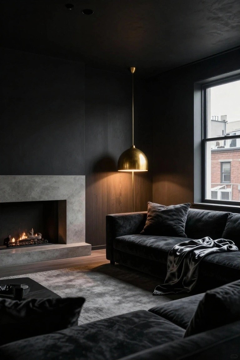 Dark living room with black velvet sofa, lit fireplace, and brass pendant light.