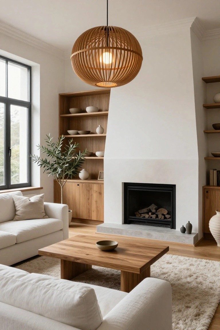 A modern living room with white walls, wooden built-in shelving and cabinets, a white sofa, wooden coffee table, fireplace, olive tree plant, and a large round woven pendant light hanging from the ceiling.