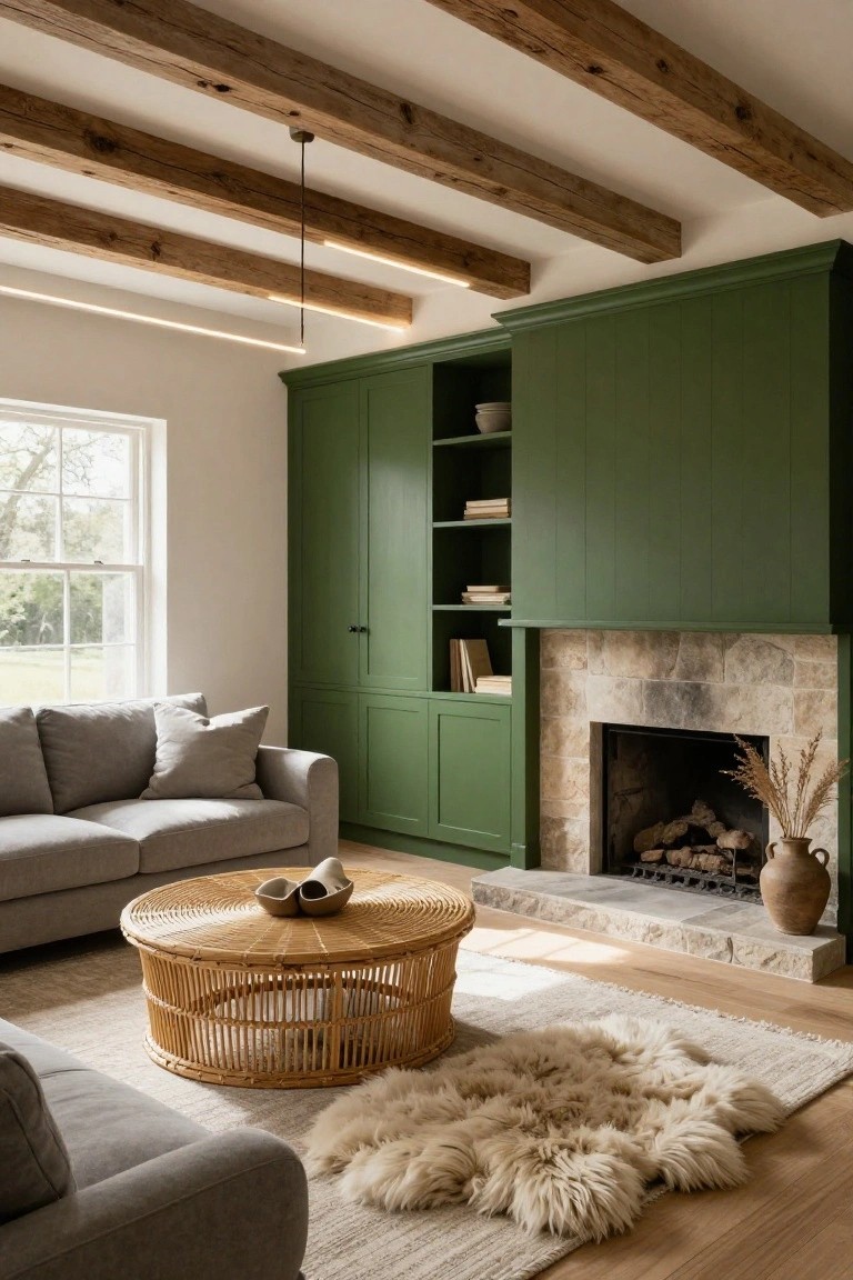 Living room with exposed wooden ceiling beams lit by thin LED strips, green built-in cabinetry flanking a stone fireplace, gray L-shaped sofa, rattan coffee table, sheepskin rug, and window overlooking greenery.