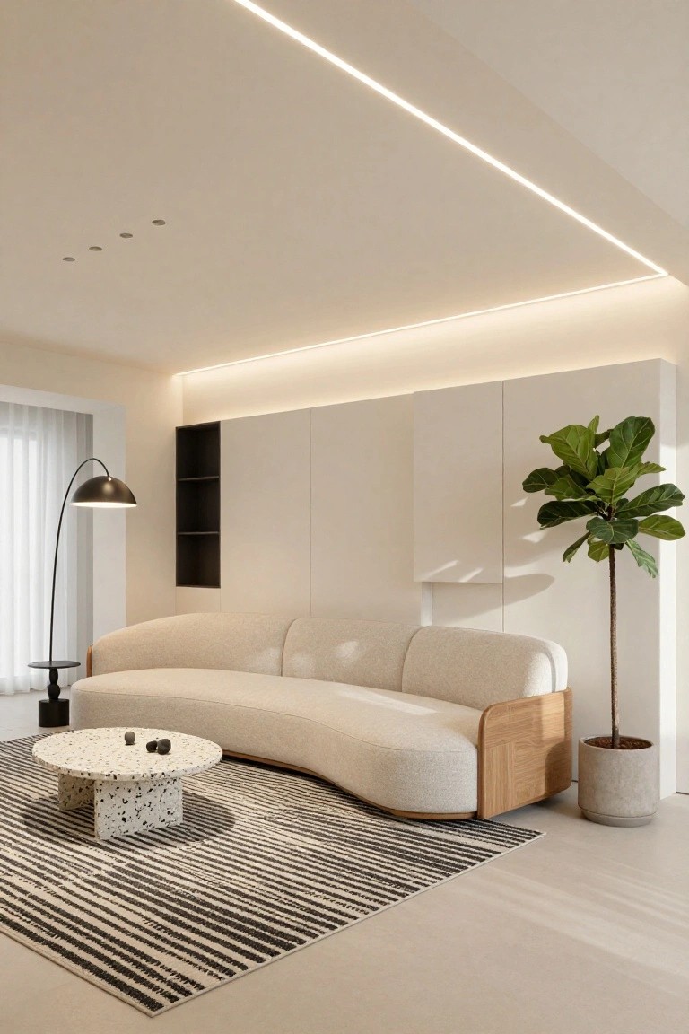 Modern living room with curved cream sofa on striped rug, round terrazzo coffee table, large potted fiddle leaf fig, black arc floor lamp, white cabinetry, and thin LED strips recessed along the white ceiling perimeter with four recessed ceiling spots.