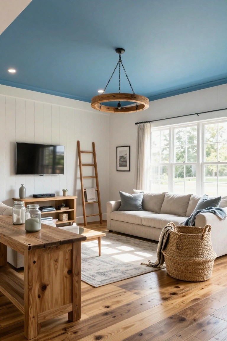 Living room featuring a blue ceiling with a hanging wooden ring chandelier, beige sofa, wooden furniture, ladder, TV on wall, and large windows with white curtains.