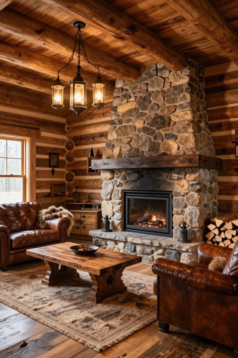 Rustic log cabin living room with stone fireplace, leather armchairs, and wooden coffee table.