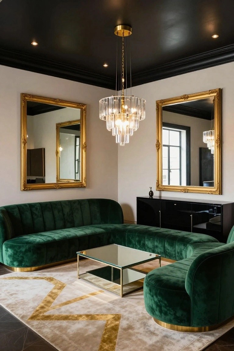 A living room corner featuring an emerald green velvet L-shaped sofa, gold-framed mirrors on white walls, a black credenza, mirrored coffee table, and a multi-tiered clear glass chandelier suspended from a black ceiling with recessed lights.