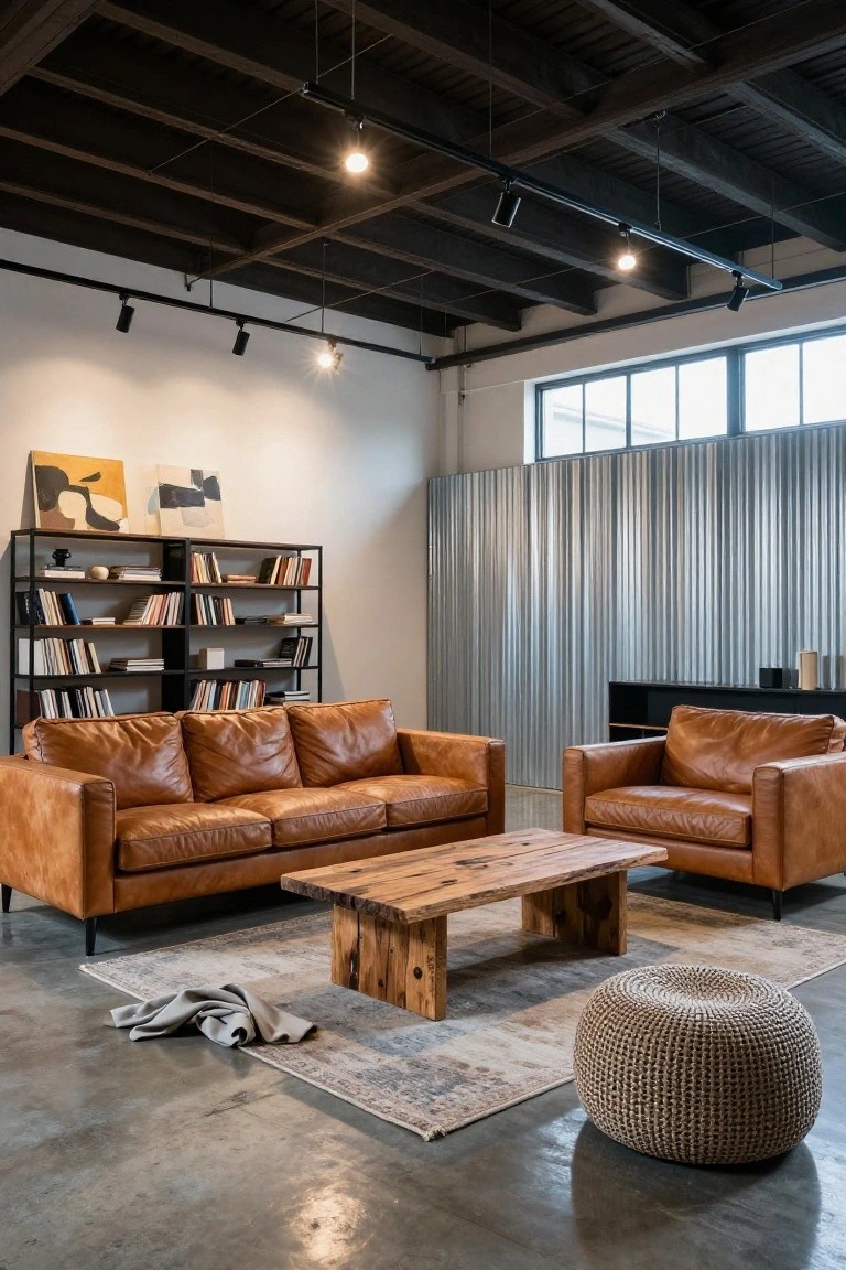Industrial living room with tan leather sectional sofa and armchair around a live-edge wooden coffee table, black metal bookshelves, track lighting on exposed wooden ceiling beams, and a rattan pouf on polished concrete floor.