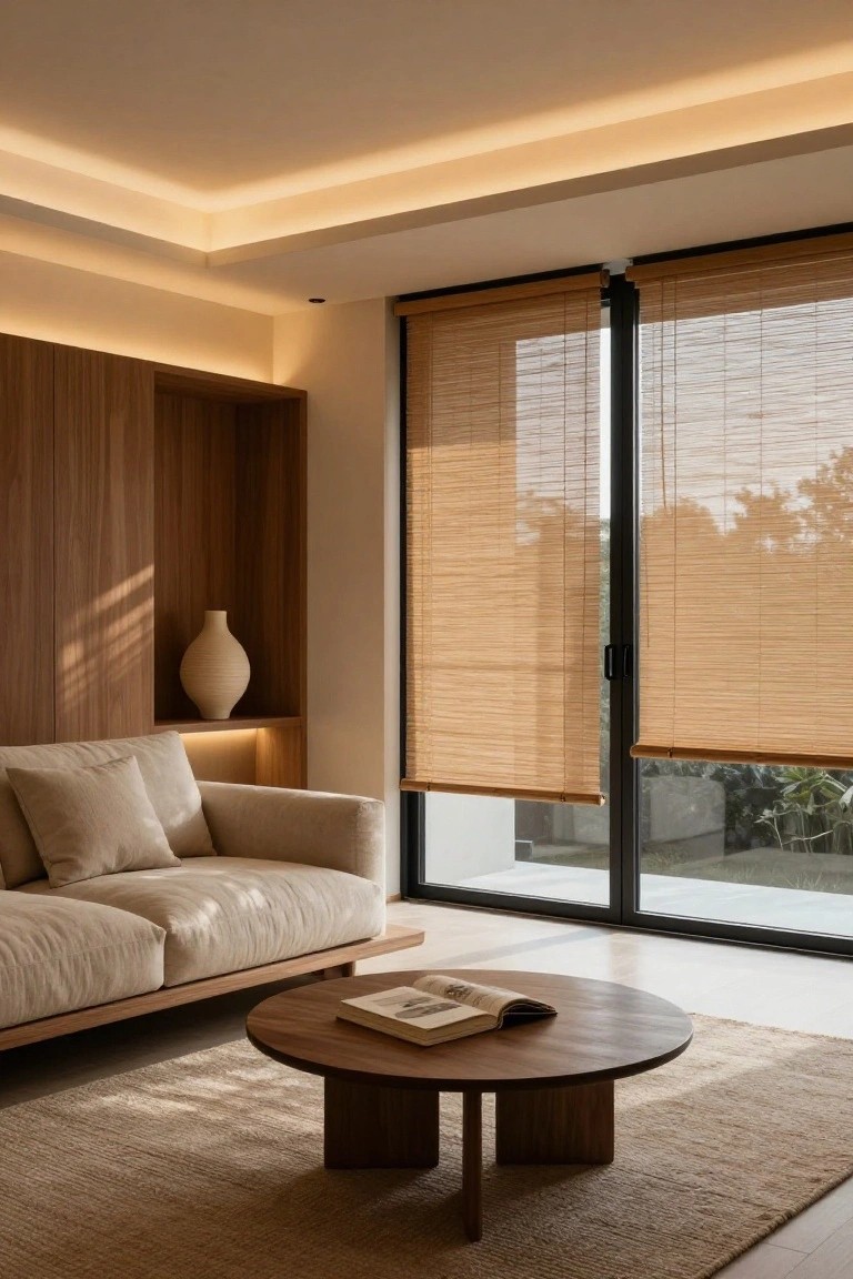 Modern living room with low beige sofa, round wooden coffee table holding an open book, tall textured vase in wood-paneled wall niche, bamboo roller shades on black-framed sliding glass doors, and soft glowing LED strips embedded in ceiling coves.