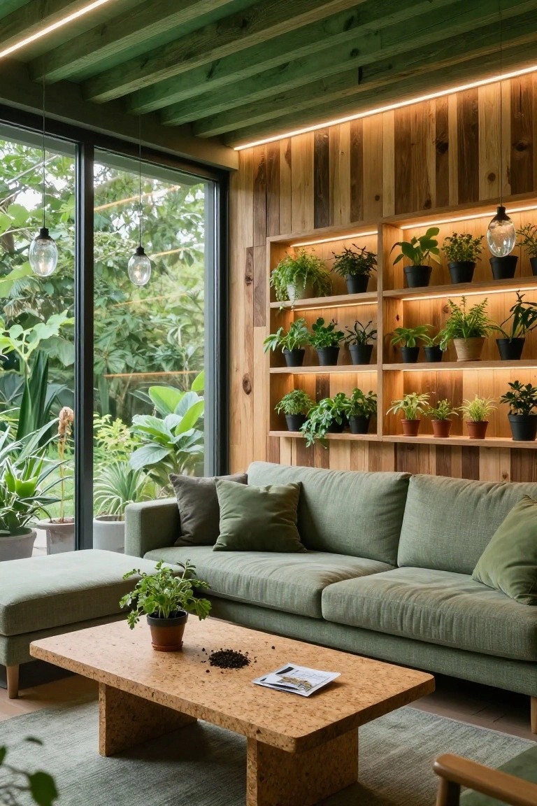 Green wooden ceiling with recessed LED strip lights outlining beams, backlit wooden shelves filled with potted plants on paneled wall, green sofa with ottoman, cork coffee table, and large windows showing outdoor greenery.