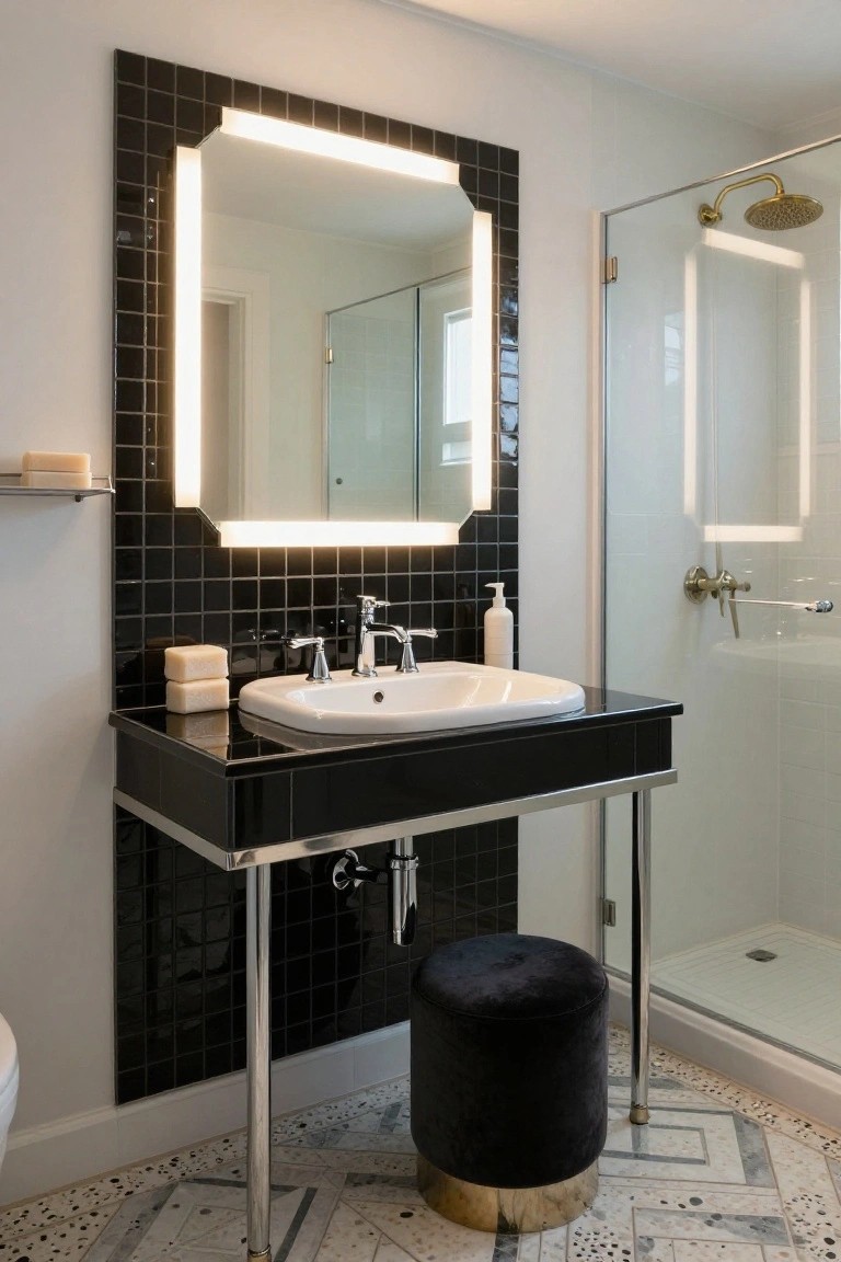 Modern bathroom with large rectangular mirror framed in black mosaic tiles and illuminated by continuous LED edge lighting, above white sink on black vanity table with chrome legs, glass shower enclosure with gold fixtures, black stool, and patterned floor tiles.