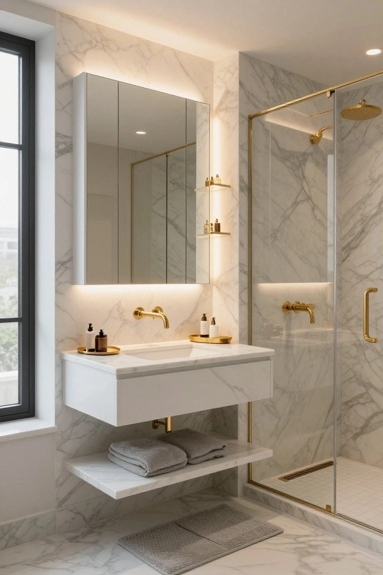 Modern bathroom featuring white marble walls and floors, floating white vanity with gold faucets, backlit triple mirror cabinet, glass shower enclosure with gold frame, and LED strip lighting along edges.