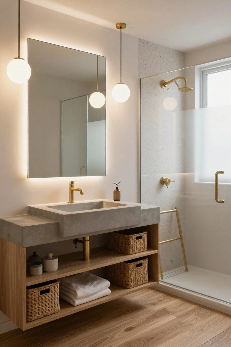 Modern bathroom featuring a large backlit mirror over a concrete vessel sink on a wooden vanity cabinet, gold pendant lights, glass shower enclosure, and light wood flooring.