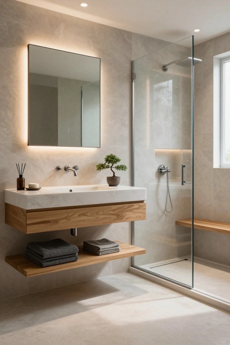 Modern bathroom with floating white quartz vanity on oak wood cabinets and shelf, backlit rectangular mirror, bonsai plant on counter, reed diffuser, and glass shower enclosure with bench.