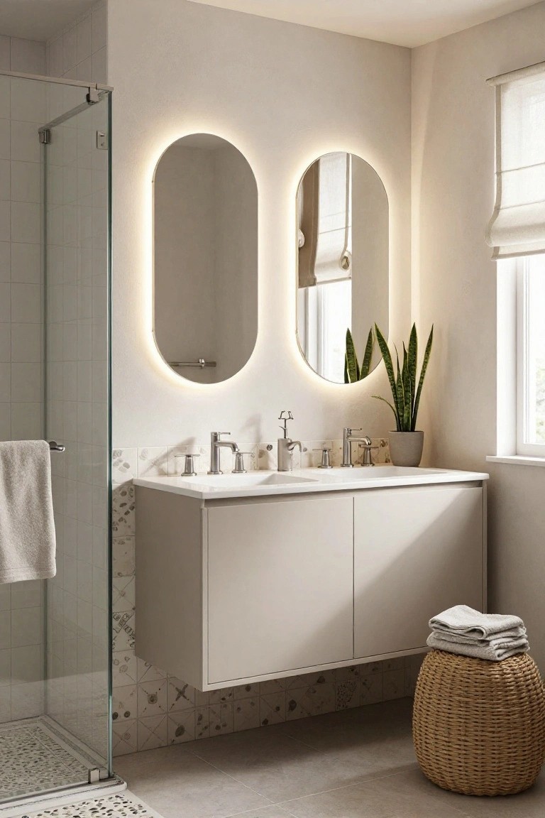 Contemporary bathroom with glass shower, white double vanity, two oval backlit LED mirrors, potted snake plant, woven stool with towels, and tiled floor.