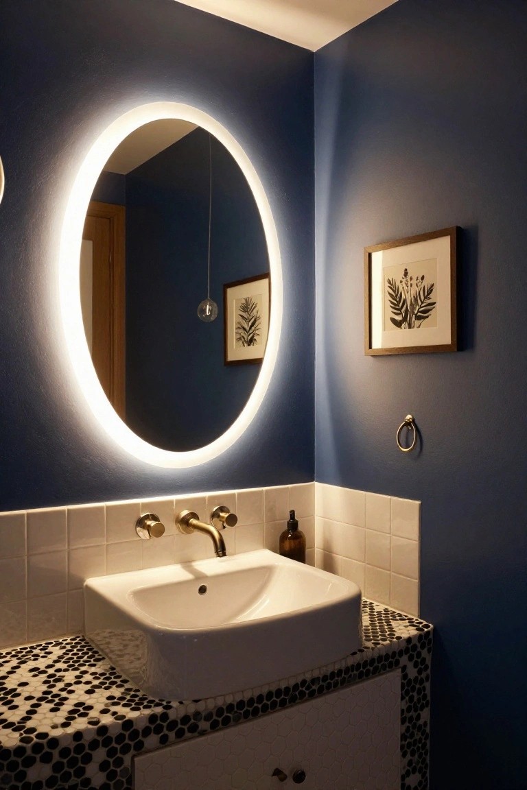 Navy blue bathroom with oval backlit mirror above white sink, gold faucets, white subway tile backsplash, black and white mosaic countertop, and wall art.