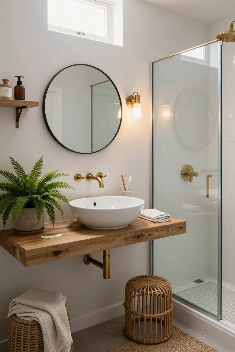 Minimalist bathroom with floating oak vanity holding white vessel sink, large round black mirror lit by two brass sconces, glass shower enclosure with gold fixtures, potted fern, rattan stool with towel, and seagrass rug.