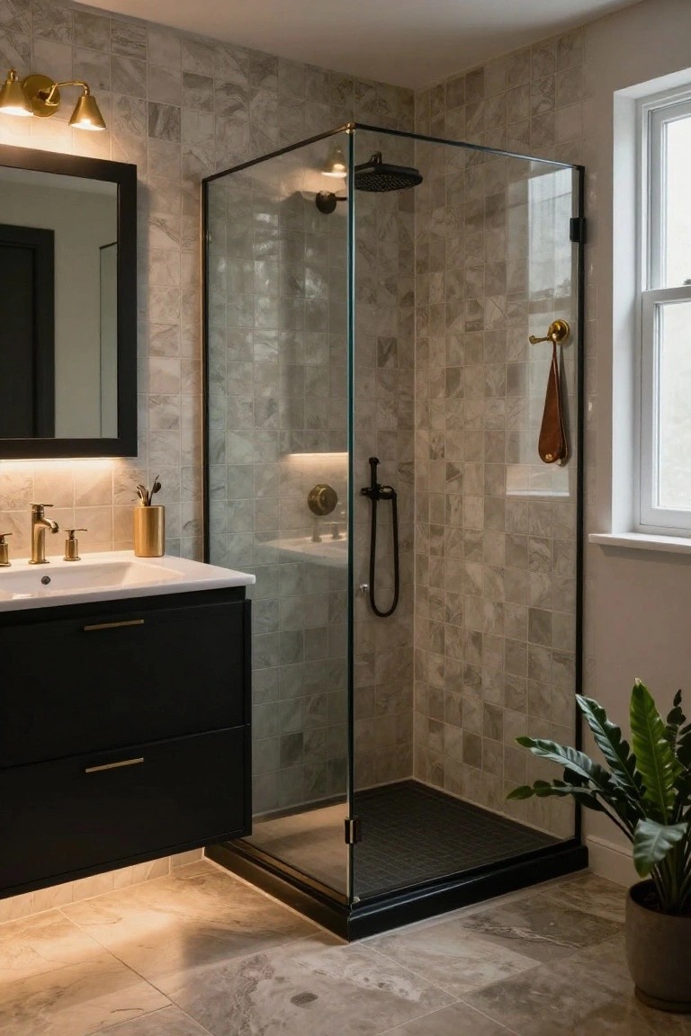 Contemporary bathroom with gray veined tile walls and floor, black floating vanity, gold faucets and hardware, paired brass wall sconces, glass shower enclosure, and potted plant near window.
