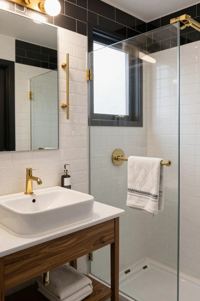 Modern bathroom featuring white subway tile walls, a white vessel sink on a wood vanity, brass faucet and sconce light above the mirror, glass shower enclosure, and folded towels.