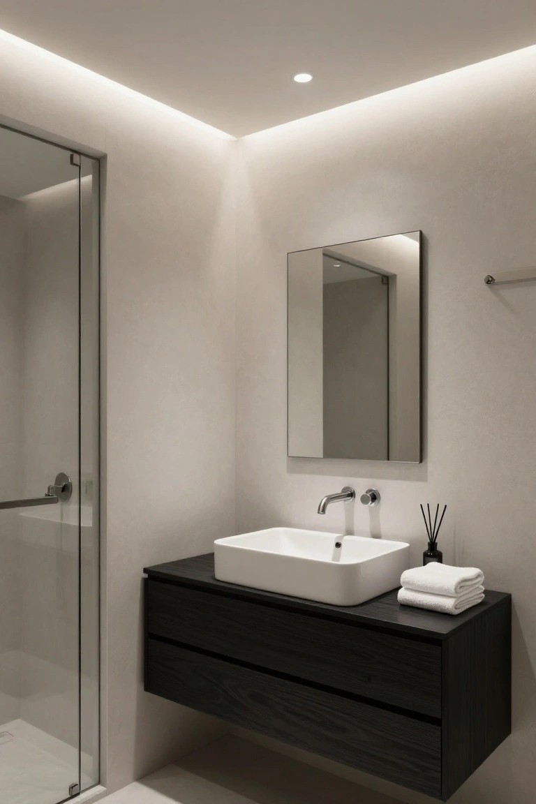 Modern bathroom interior with frameless glass shower door, floating black wood vanity holding white vessel sink, slim wall mirror, towel rail, reed diffuser, and soft cove lighting in the ceiling corners plus recessed spotlights.