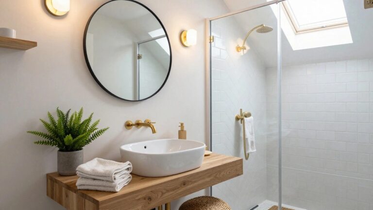 Minimalist bathroom with floating oak vanity holding white vessel sink, large round black mirror lit by two brass sconces, glass shower enclosure with gold fixtures, potted fern, rattan stool with towel, and seagrass rug.