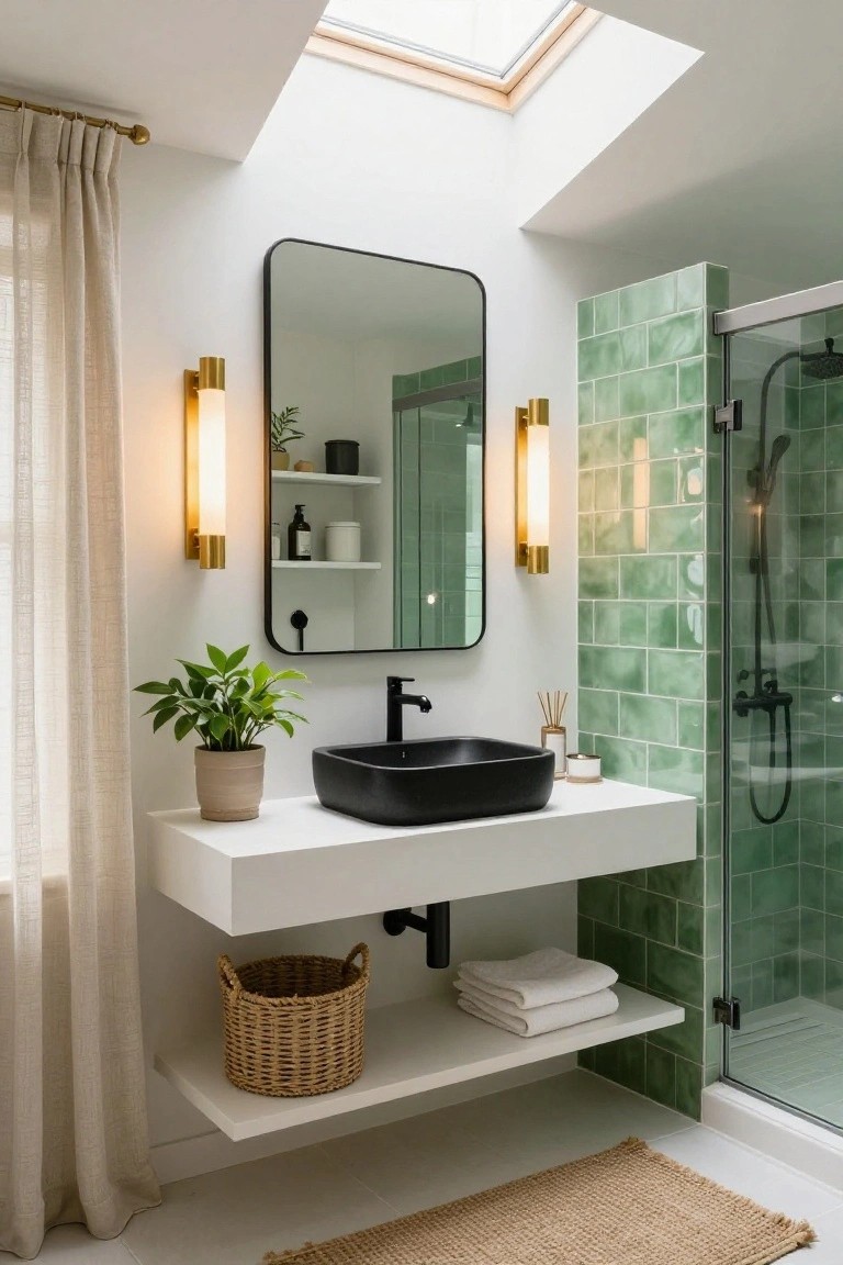 Modern bathroom with white floating vanity and black sink under a black-framed rectangular mirror flanked by two gold wall sconces, green tiled shower enclosure with glass door, plants, shelf with basket, towels, and skylight overhead.