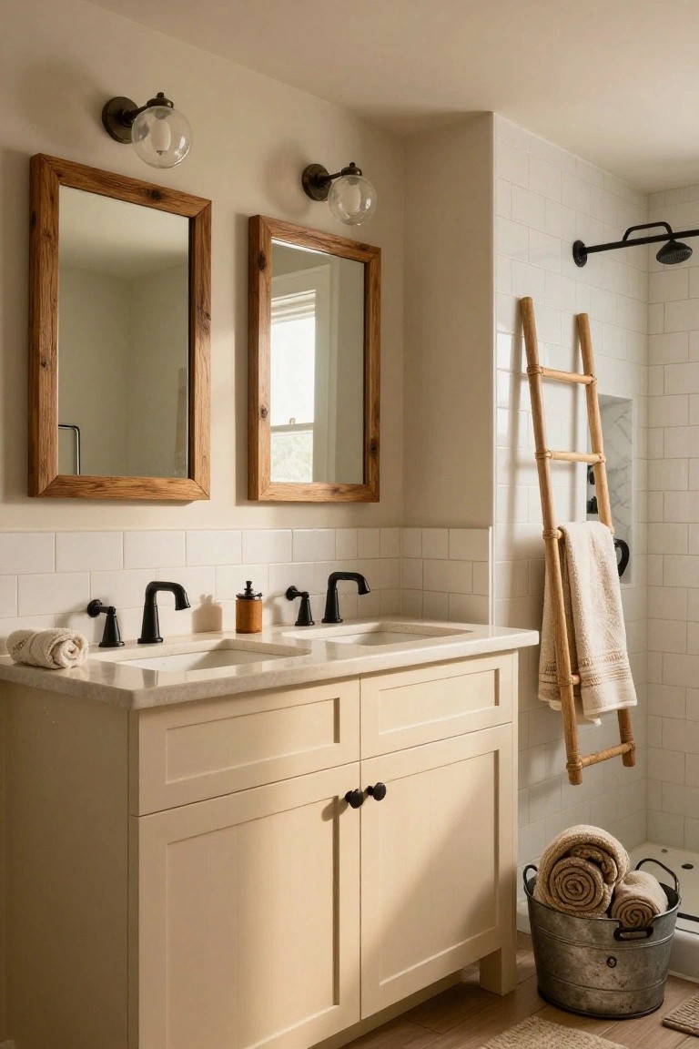 A bathroom with double sink vanity in beige cabinets topped by white quartz, two wooden-framed mirrors lit by pairs of glass globe sconces, black faucets, subway tile shower with black showerhead and bamboo towel ladder, rolled towels in a galvanized bucket on wood floor.