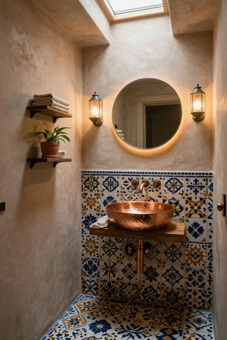 Small bathroom with beige plaster walls, skylight in ceiling, round mirror flanked by two metal lantern sconces, copper vessel sink on wooden shelf against blue and orange tiled backsplash and floor, wooden shelves holding towels and potted plant.