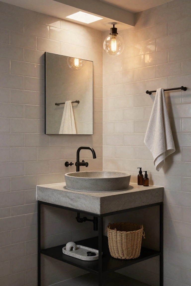 Modern minimalist bathroom corner with gray subway tile walls, black-framed mirror, concrete vessel sink on black metal vanity stand, hanging black globe pendant light, recessed ceiling light, towels on bars, woven basket, and soap dispenser.