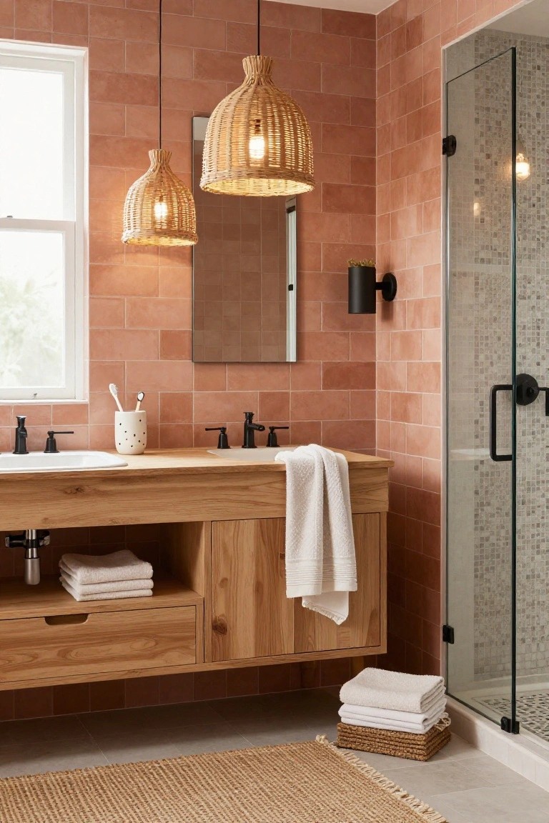 A bathroom with pink terracotta tile walls, wooden floating double vanity with two sinks and black faucets, white towels and toothbrushes on the counter, woven rattan pendant lights hanging above, and a glass shower enclosure nearby.