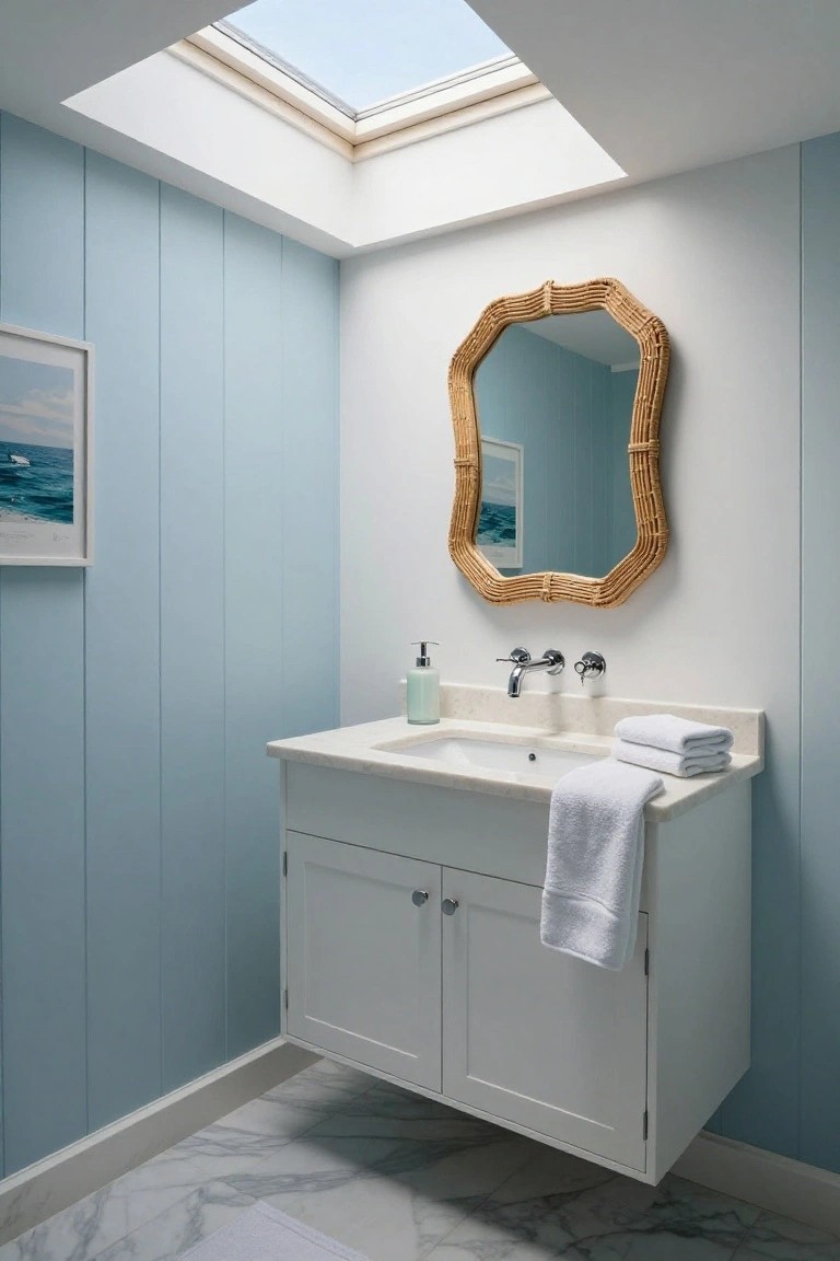 Light blue bathroom with white vanity, woven mirror, and skylight.