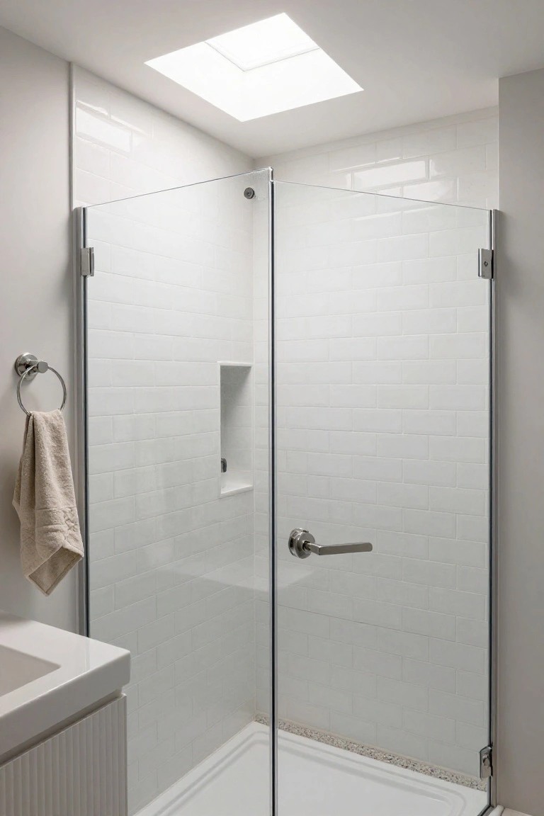 White subway-tiled bathroom with overhead skylight, frameless glass shower enclosure, wall niche shelf, chrome towel ring holding beige towel, and white vanity sink.