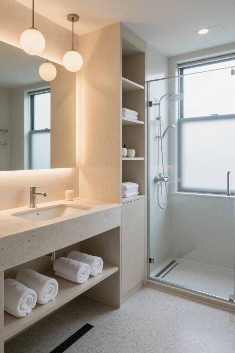 Modern bathroom with multiple white spherical pendant lights hanging over a light stone sink vanity, backlit mirror, wooden cabinets and shelves holding folded white towels, glass shower enclosure, and frosted window.