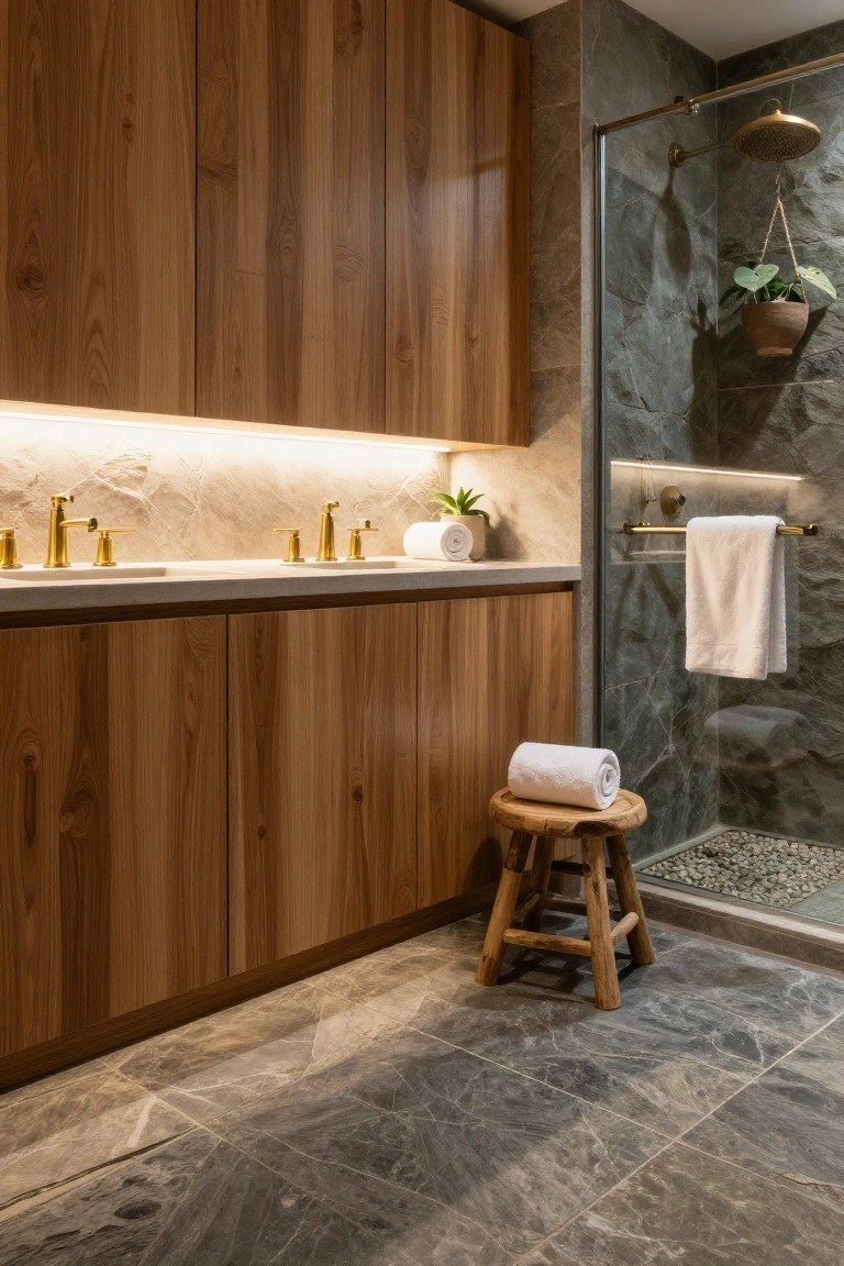 Bathroom with tall wooden cabinets, double sinks on a light counter, gold faucets, glass shower enclosure with gray stone walls and pebble floor, wooden stool, towels, plants, and LED strip lighting along a shelf above the sinks.