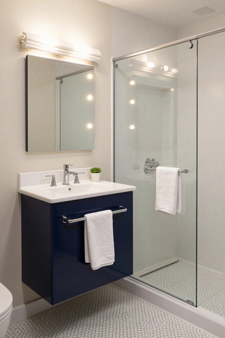 Small modern bathroom with navy blue floating vanity, round mirror backed by a linear white wall sconce, clear glass shower enclosure with towel bar, potted plant on counter, and white penny tile floor.