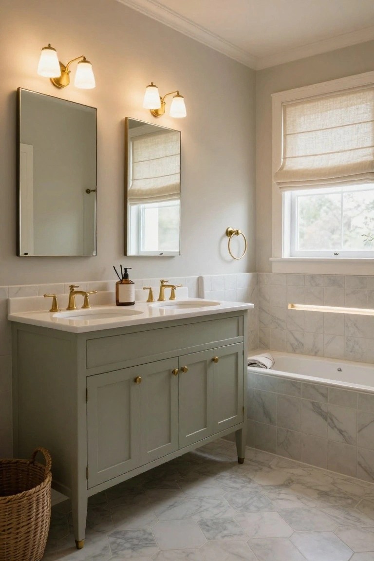 Bathroom with sage green double vanity topped by white marble and two undermount sinks, flanked by slim mirrors and brass double-arm sconces with white glass shades, plus marble hexagon floor tiles, freestanding tub, and window with linen roman shade.