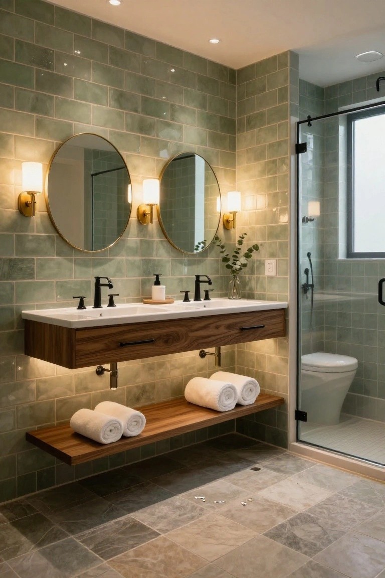 Modern bathroom featuring green subway tile walls, floating wood double vanity with black faucets, two round gold-framed mirrors flanked by white wall sconces, glass shower enclosure, and white toilet on gray travertine floor.
