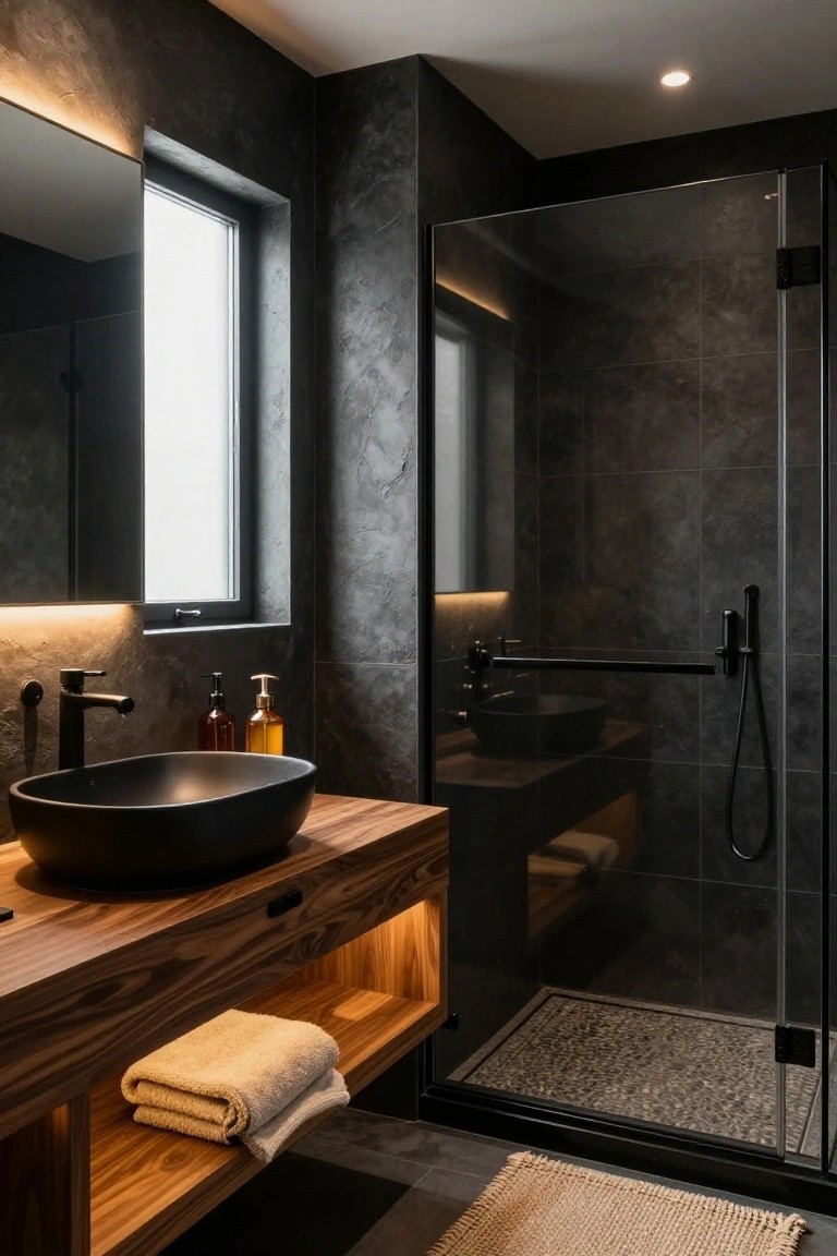Modern bathroom interior with dark gray textured walls, black matte sink on wooden vanity with integrated LED lighting strips, glass shower enclosure with black hardware, and beige towel on shelf.