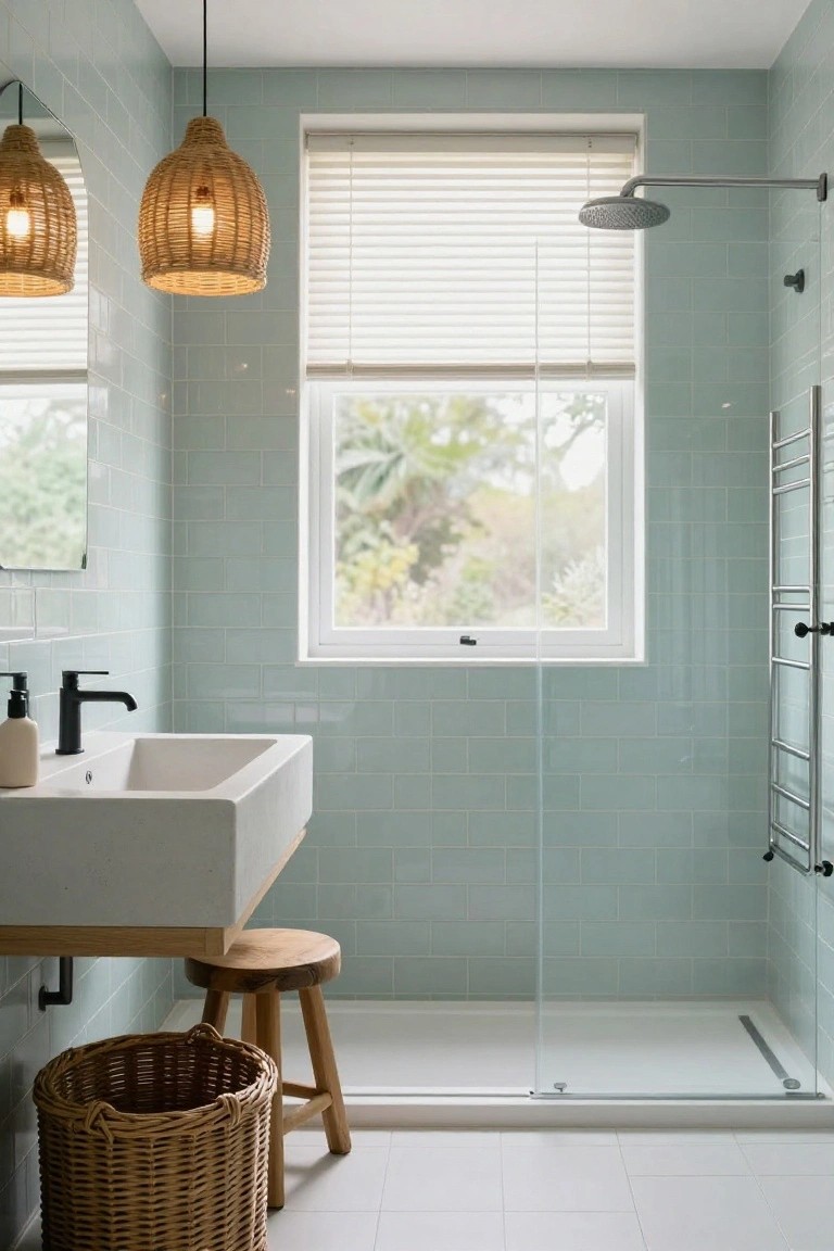 A compact bathroom featuring light blue subway tile walls, two hanging rattan pendant lights, a white wall-mounted sink with black faucet, wooden stool, glass shower enclosure, towel radiator, and a window with blinds overlooking plants.
