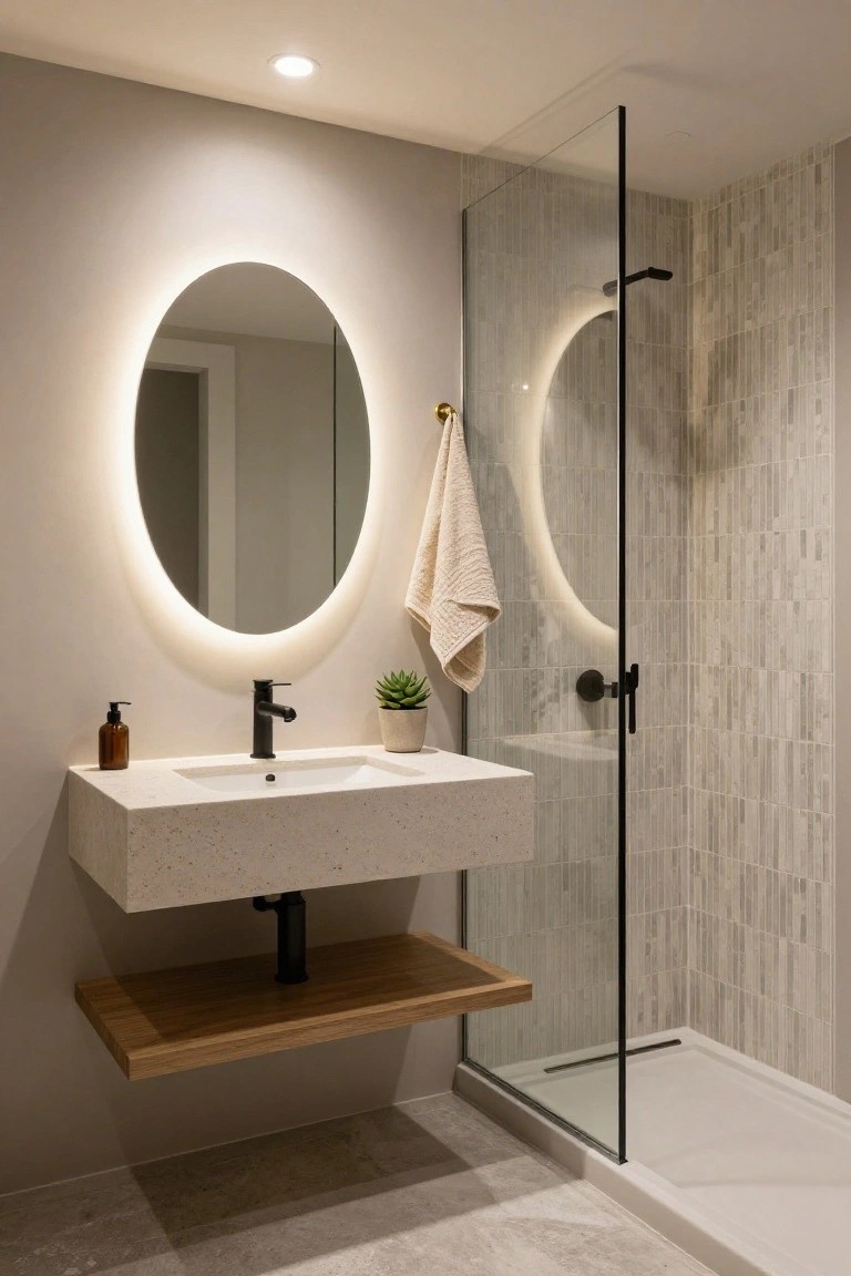 Modern bathroom with oval backlit mirror above floating white sink and black faucet, wooden shelf below, glass shower enclosure with vertical gray tiles, beige towel on hook, soap dispenser, and potted succulent on counter.
