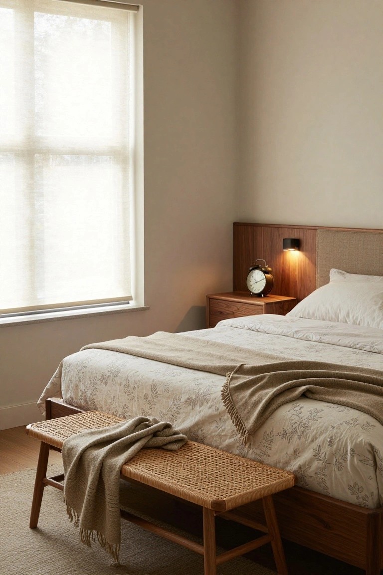 Bedroom corner with large bed featuring wooden paneled headboard and black wall sconce light, wooden nightstand holding analog clock, white duvet with floral pattern, gray throw blanket, rattan bench with gray throw at bed foot, sheer blinds on window, beige walls and wood floor.