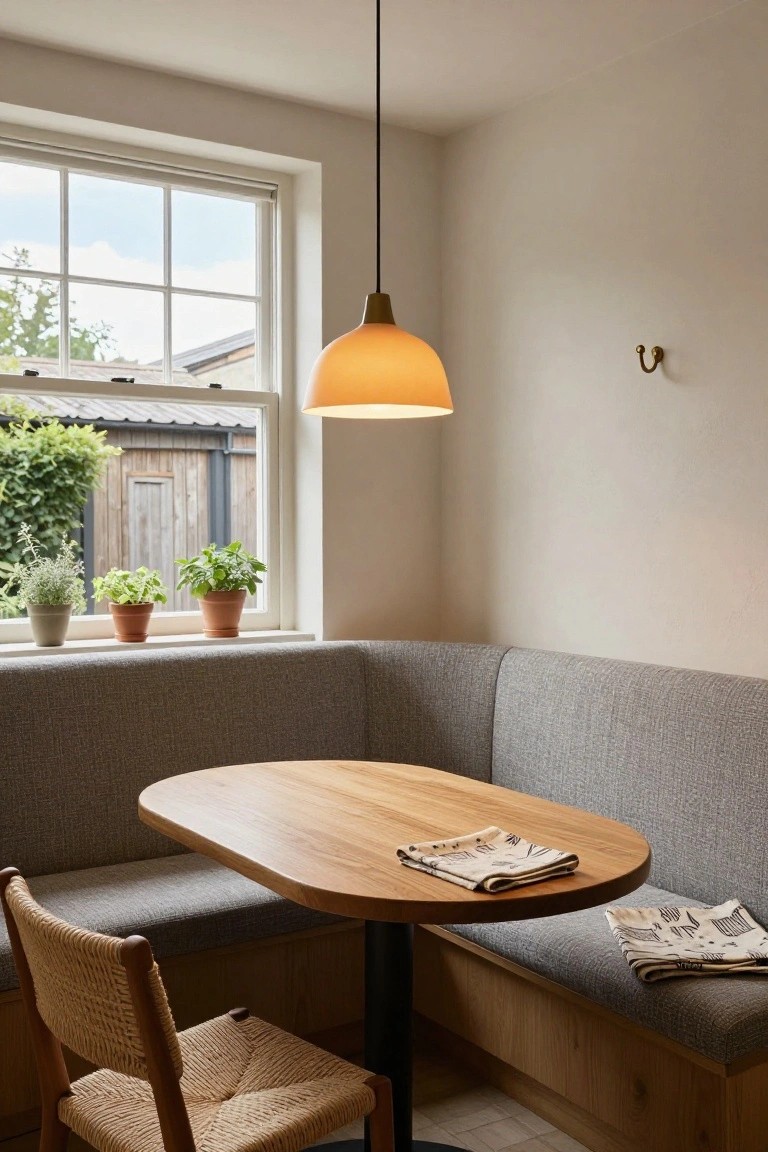 Cozy interior dining nook with gray built-in bench seating, oval wooden table set with napkins and newspapers, woven chair, hanging beige pendant light, and window sill with potted herbs overlooking greenery and a shed.