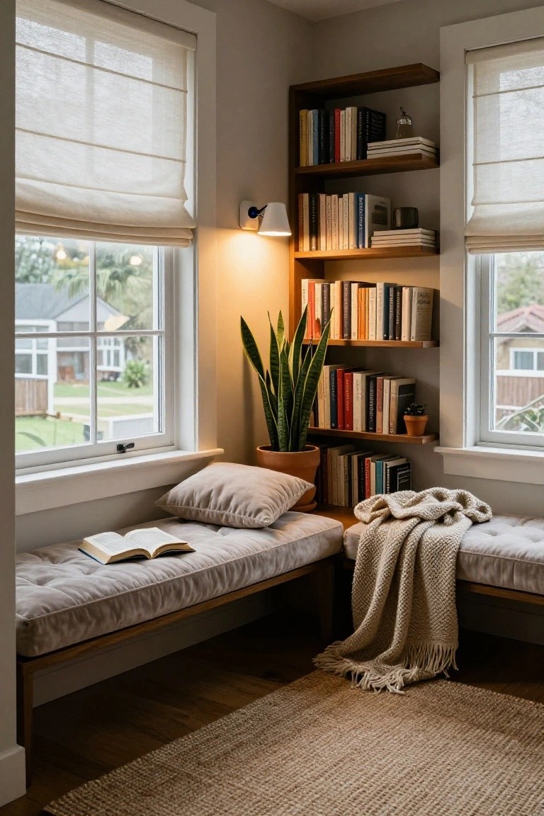 Interior corner of a room featuring a cushioned gray window bench with an open book, pillow, and beige throw blanket, surrounded by wooden built-in bookshelves filled with books, a potted snake plant, sheer white curtains on two windows overlooking a neighborhood, and a wall-mounted lamp emitting warm light.