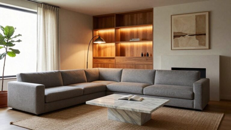 Modern living room with light gray L-shaped sofa, white-veined marble coffee table holding an open book, wooden built-in bookshelves with warm LED strip lighting, tall ficus plant in terracotta pot, black arc floor lamp, abstract beige wall art, gas fireplace, and large window with sheer white curtains.