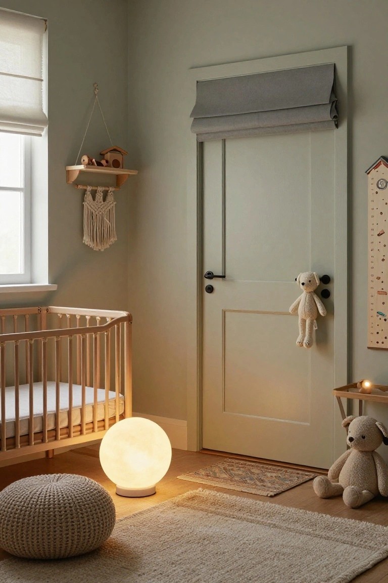Corner of a pale green nursery with wooden crib, glowing white moon-shaped floor lamp on a base, beige knit pouf, two stuffed teddy bears, macrame hanging, wooden toys on shelf, and neutral rug.