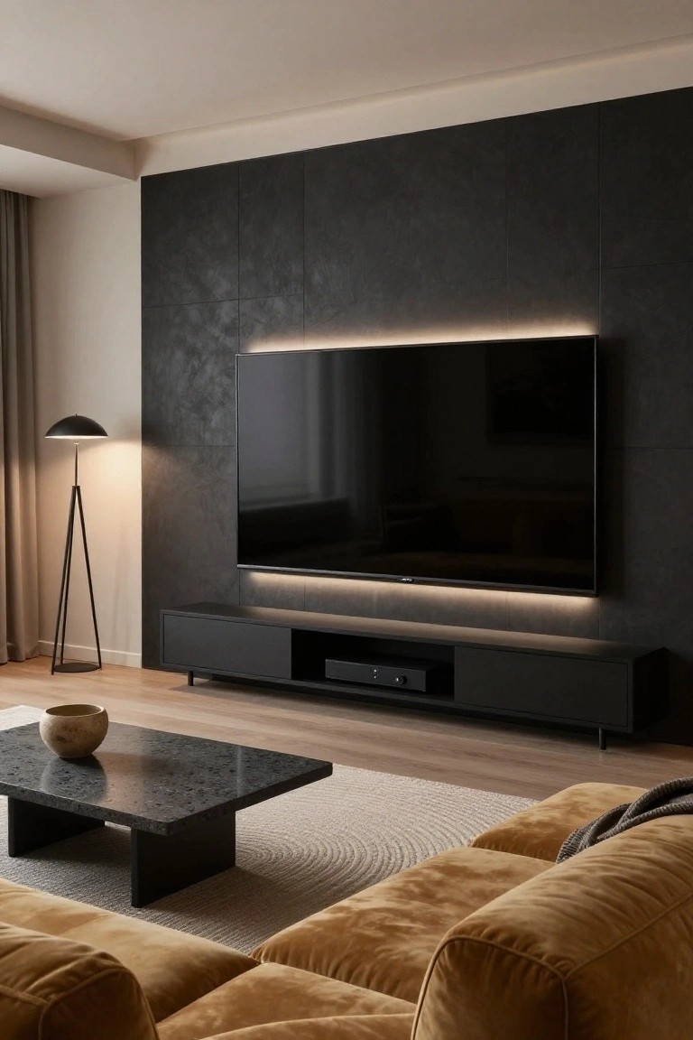 Modern living room featuring a large black TV mounted on a dark textured wall with LED backlighting around it and under a black media console, a black tripod floor lamp, black stone coffee table with a ceramic bowl, beige rug, and mustard yellow sofa on light wood flooring.