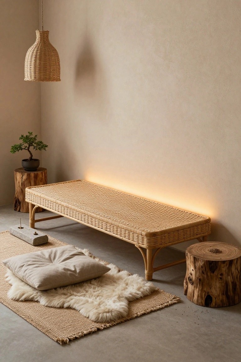 Beige corner room with rattan daybed featuring yellow LED underlighting, bonsai plant on wood stump table, stone incense holder, sheepskin on jute rug, another stump stool, and woven pendant lamp hanging above.