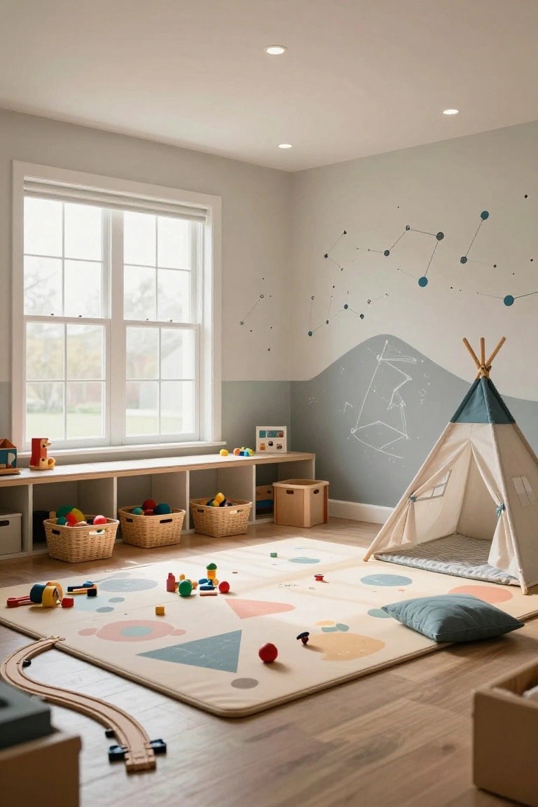 Children's playroom with wooden storage benches under a large window, colorful toys and blocks on a large geometric play rug, a blue and cream teepee tent against a wall painted with gray mountains, white chalk drawings, and blue star constellations, under recessed ceiling lights.
