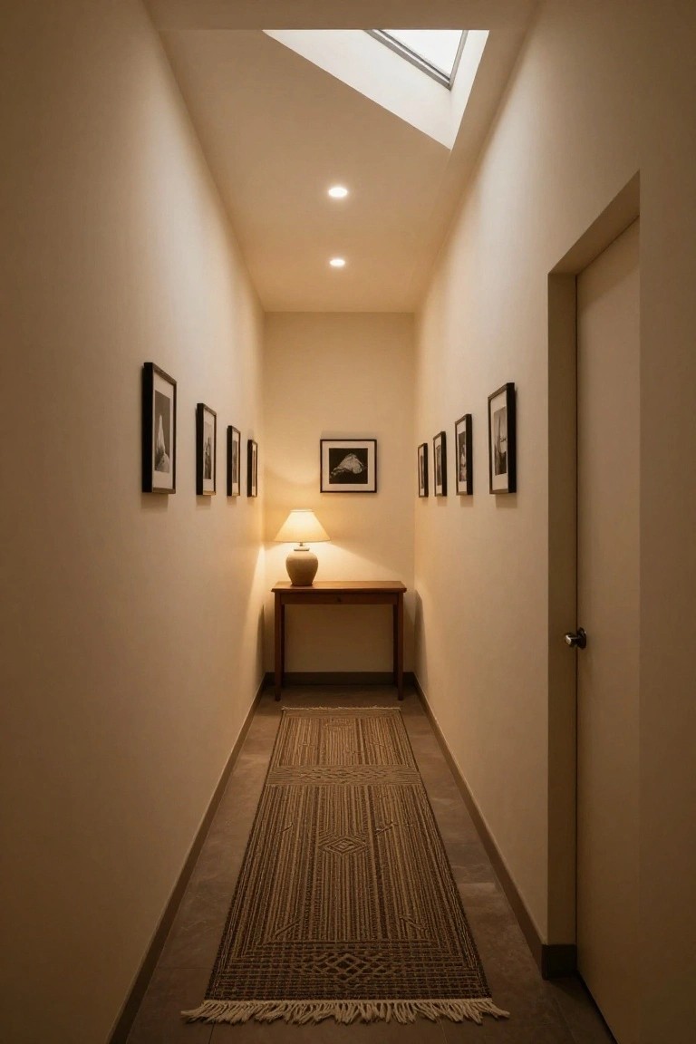 Narrow beige hallway with recessed ceiling lights, black-framed black-and-white photos on walls, wooden console table holding a ceramic table lamp, and woven runner rug on the floor.