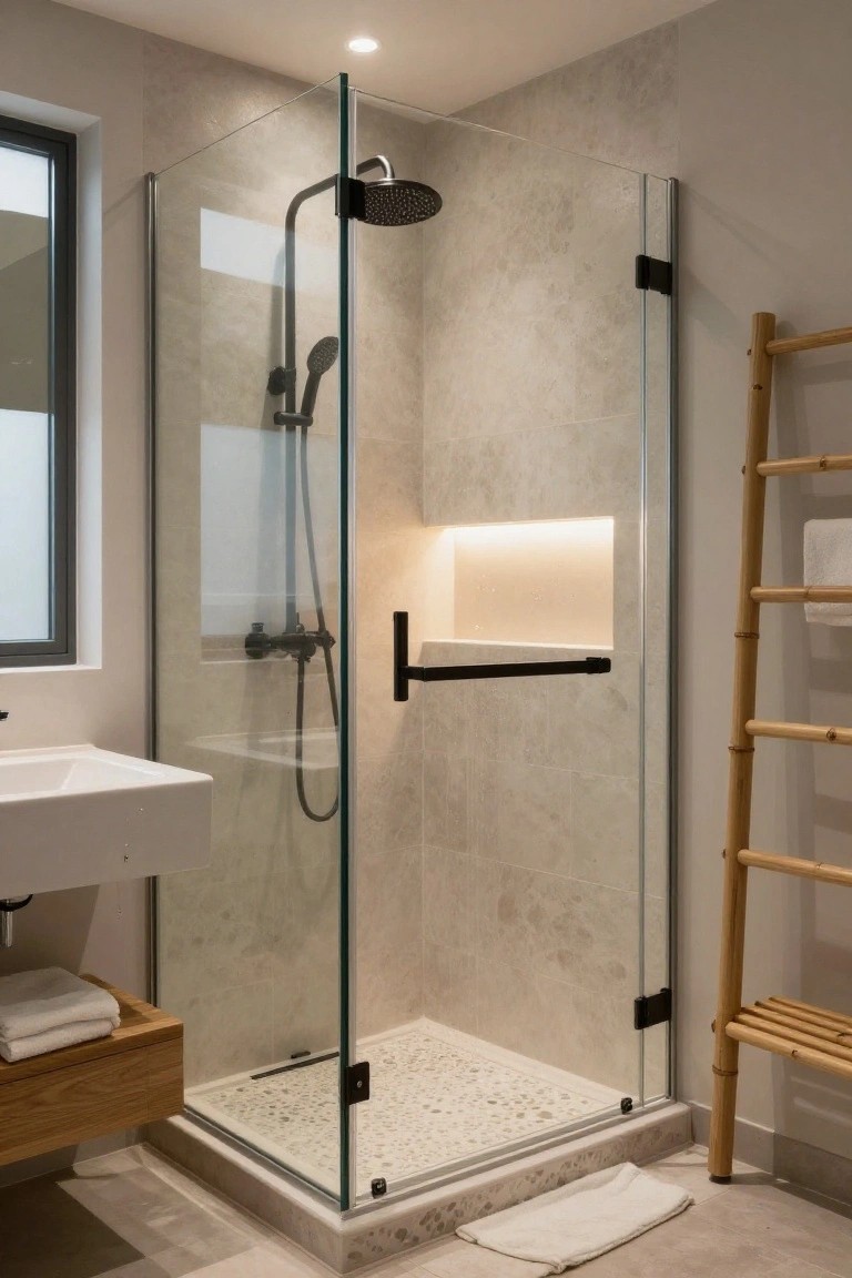 Contemporary bathroom with clear glass shower enclosure, black shower fixtures, backlit niche in tiled wall, white sink on floating wood shelf, bamboo towel ladder, and bath mat on floor.