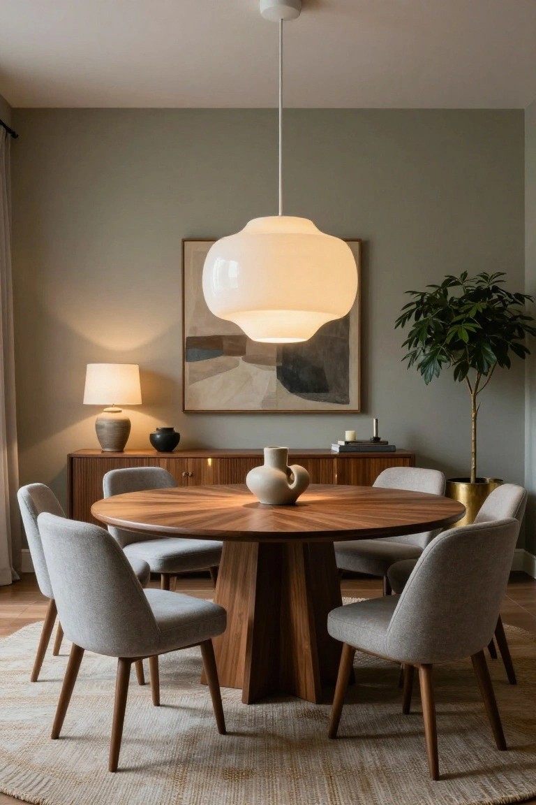 Modern dining room interior with sage green walls, round wooden table with starburst pedestal base, six light gray upholstered armchairs, large white opal glass pendant light centered above table, wooden credenza with table lamps, ceramic pots, candles, abstract wall art, potted tree in gold planter, and seagrass rug on wood floor.